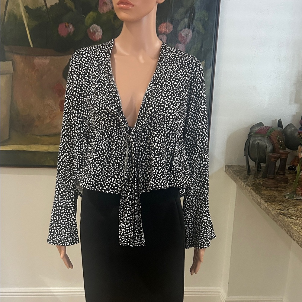 NWT We My People black and white dotted top with front tie and bell sleeves